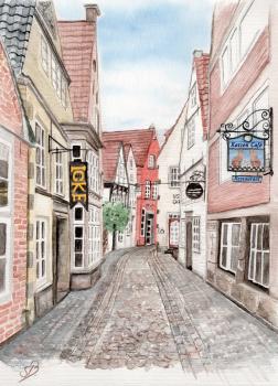 Postkarte DIN-A5 Aquarell Maritim Kunst Druck Kunstdruck Bremen Bremer Schnoor Gasse Nordsee Souvenir Souvenirs